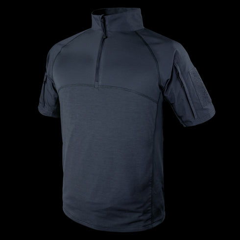 The Condor Short Sleeve Combat Shirt | SALE features a zip-up collar and velcro sleeve patches—perfect for EDC or range days—shown in dark navy on a plain white background.